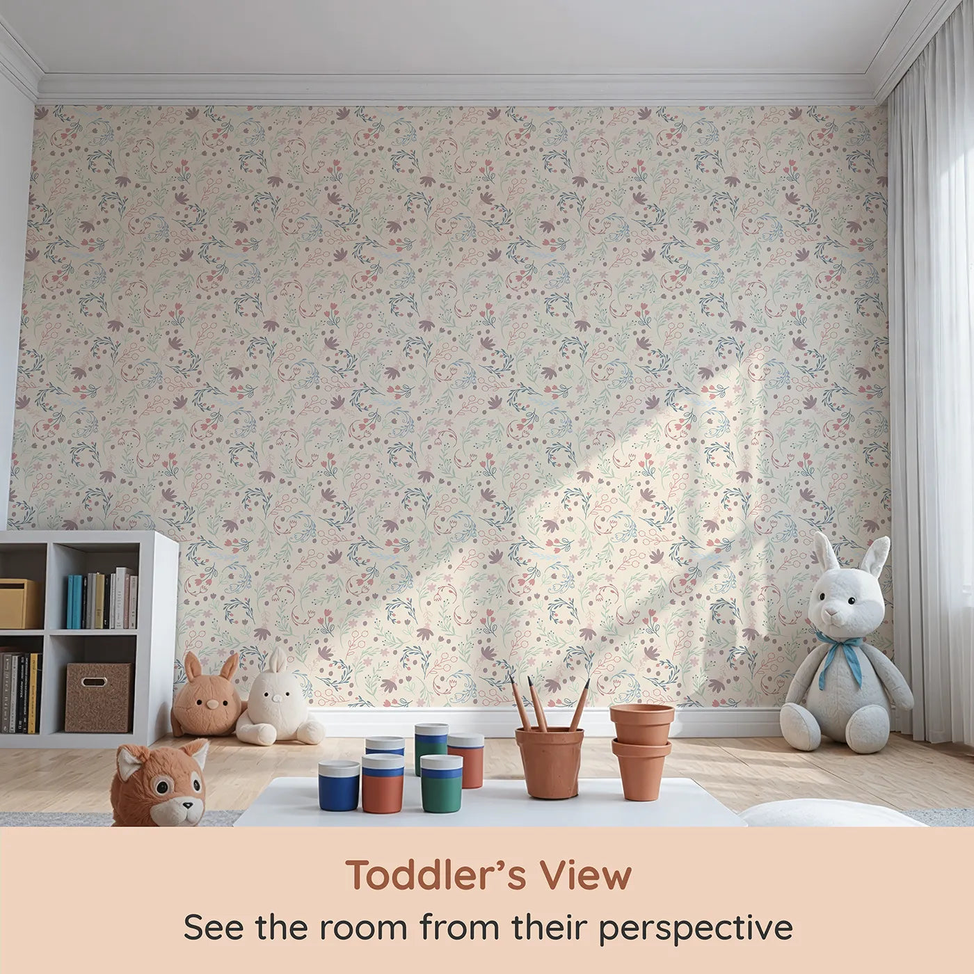 Whimsy Tots Fairy Petal Garden Wallpaper in Cream (W3181C) from your child's view.Dancing fairies and wild florals fill the air with wonder.