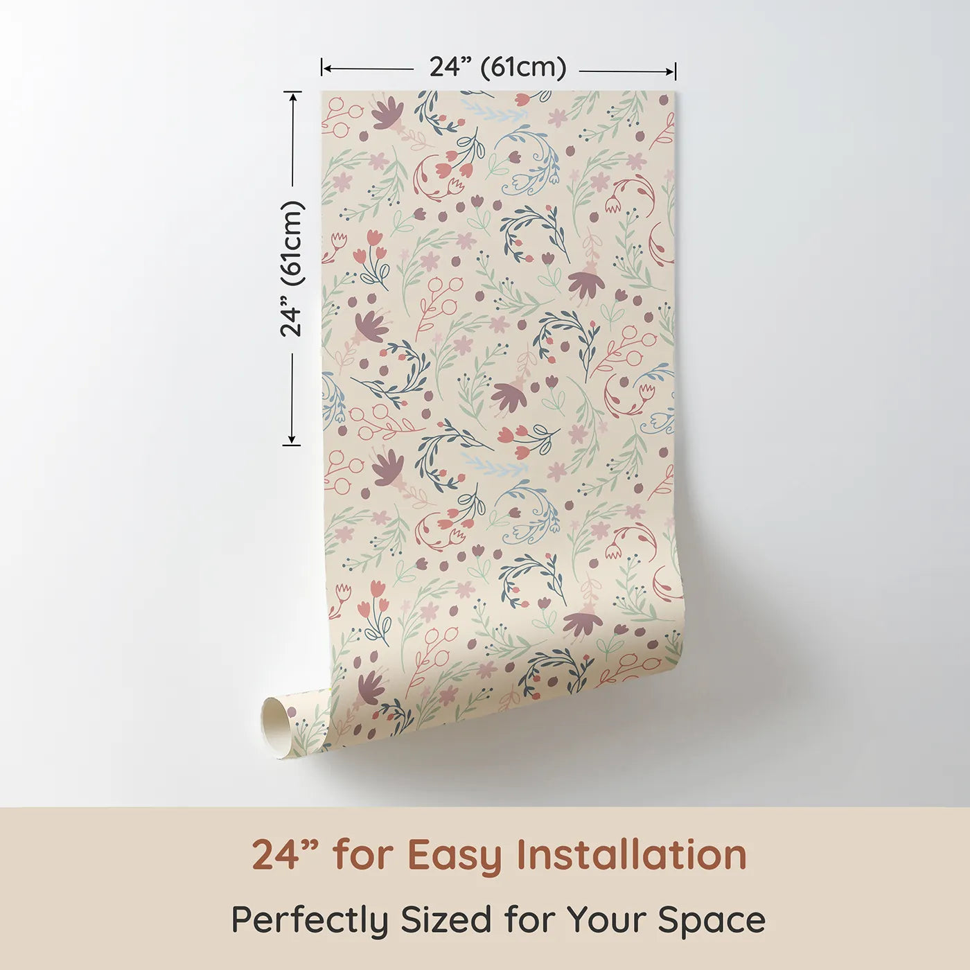 Dimension view of Whimsy Tots Fairy Petal Garden Wallpaper in Cream (W3181C). Printed in 24-inch-wide panel for easy installation. Dancing fairies and wild florals fill the air with wonder.