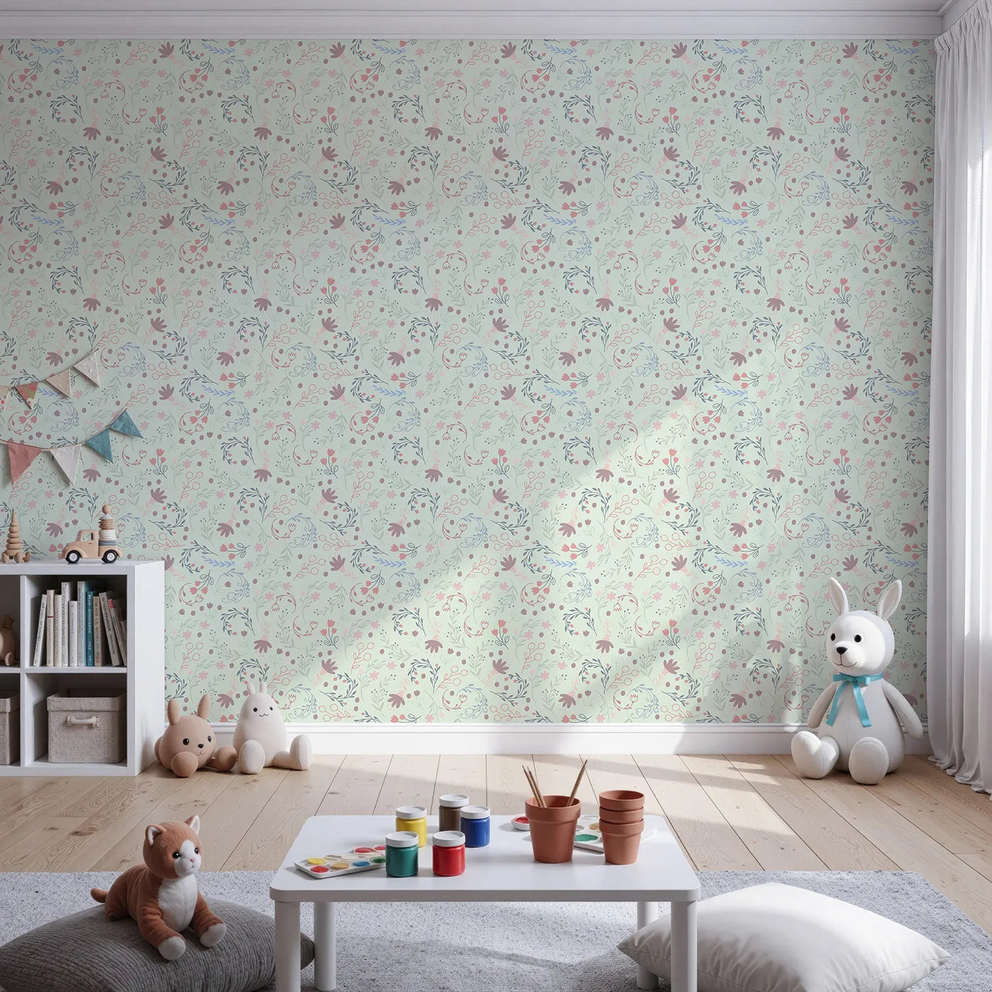 Front view of Whimsy Tots' Fairy Petal Garden Wallpaper in Mint Green