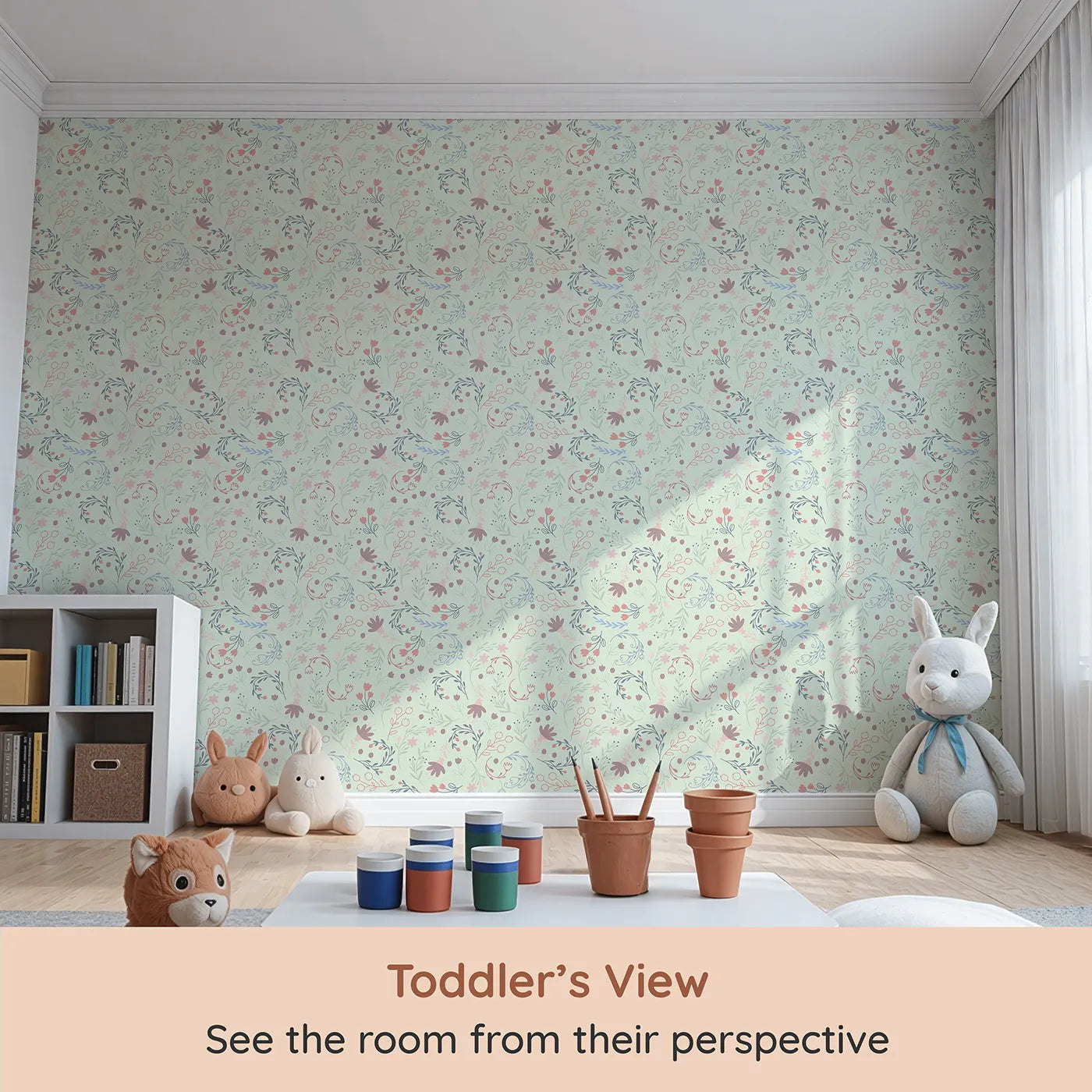 Whimsy Tots Fairy Petal Garden Wallpaper in Mint Green (W3181D) from your child's view.Dancing fairies and wild florals fill the air with wonder.