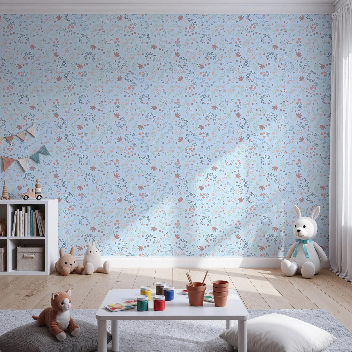 Front view of Whimsy Tots' Fairy Petal Garden Wallpaper in Blue