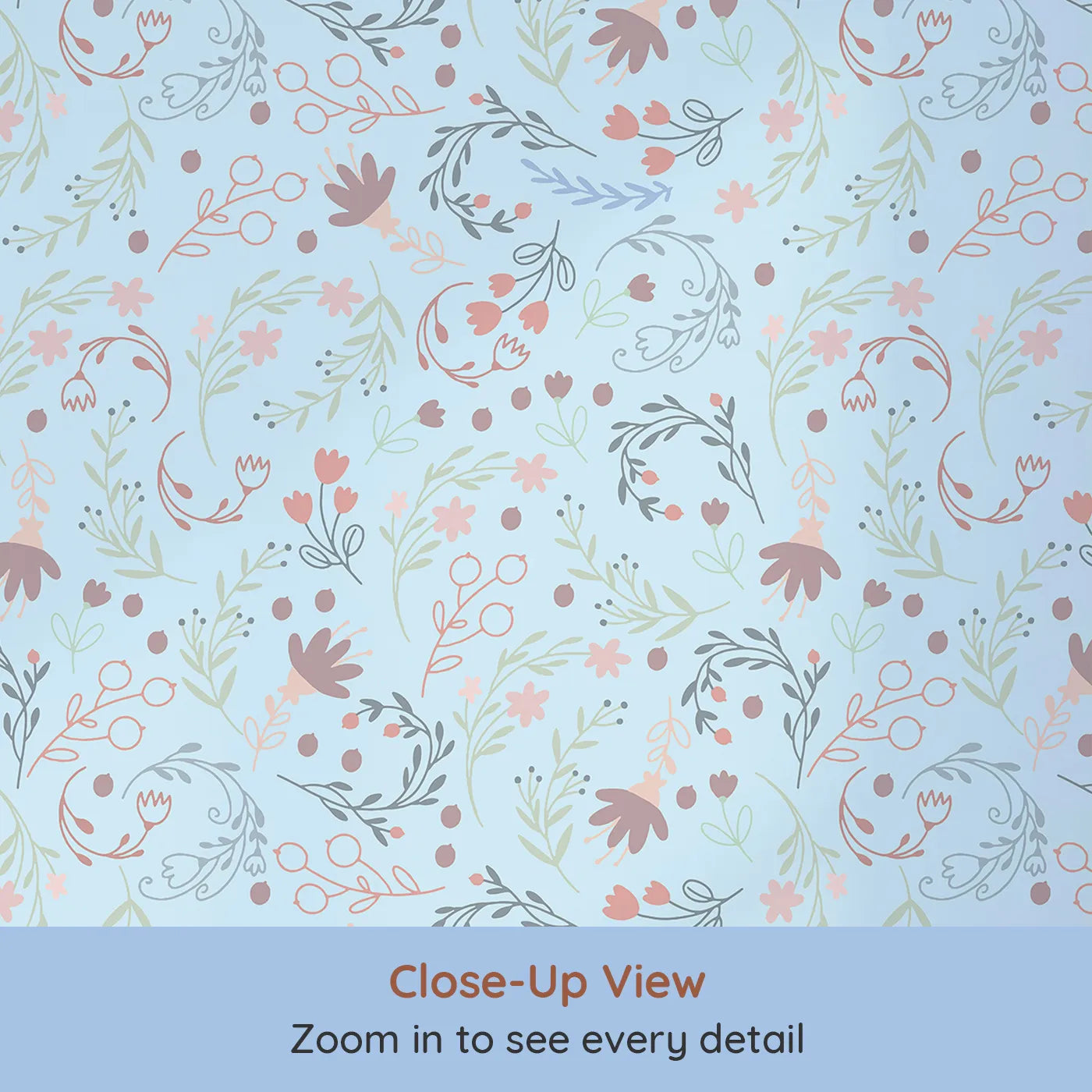 Close-up view of Whimsy Tots' Fairy Petal Garden Wallpaper in Blue (W3181E).Dancing fairies and wild florals fill the air with wonder.