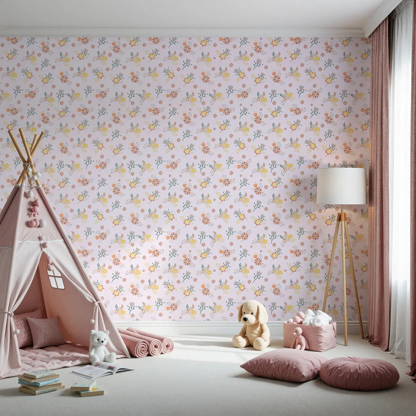 Front view of Whimsy Tots' Sunbeam Wildflower Parade Wallpaper in Blush Pink