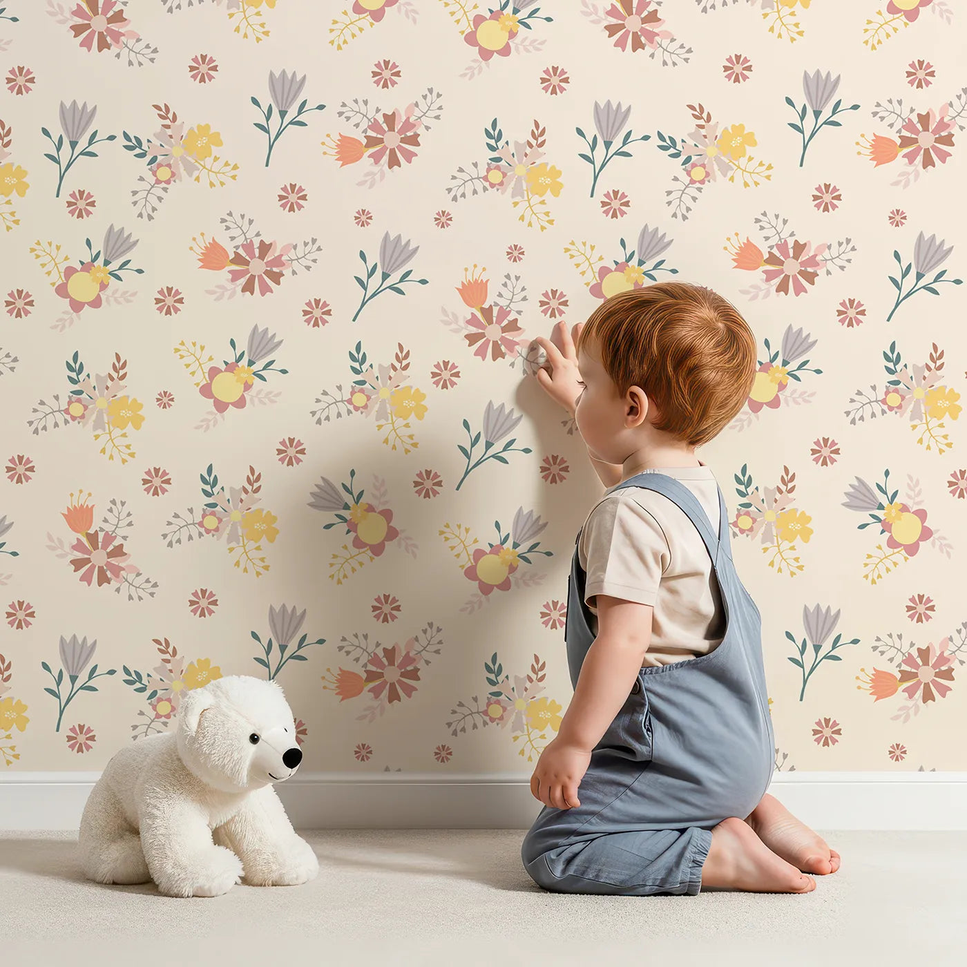Lovely child standing in front of Whimsy Tots Sunbeam Wildflower Parade Wallpaper in Beige with flower, wildflower, leaf, bouquet in design.