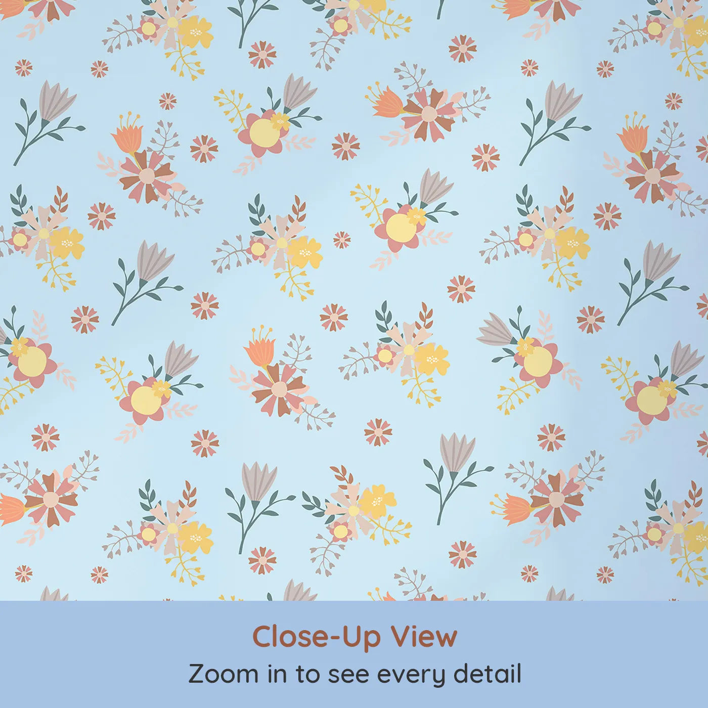 Close-up view of Whimsy Tots' Sunbeam Wildflower Parade Wallpaper in Blue (W3182E).Joyful florals bloom in sunshine tones across a soft sky blue.