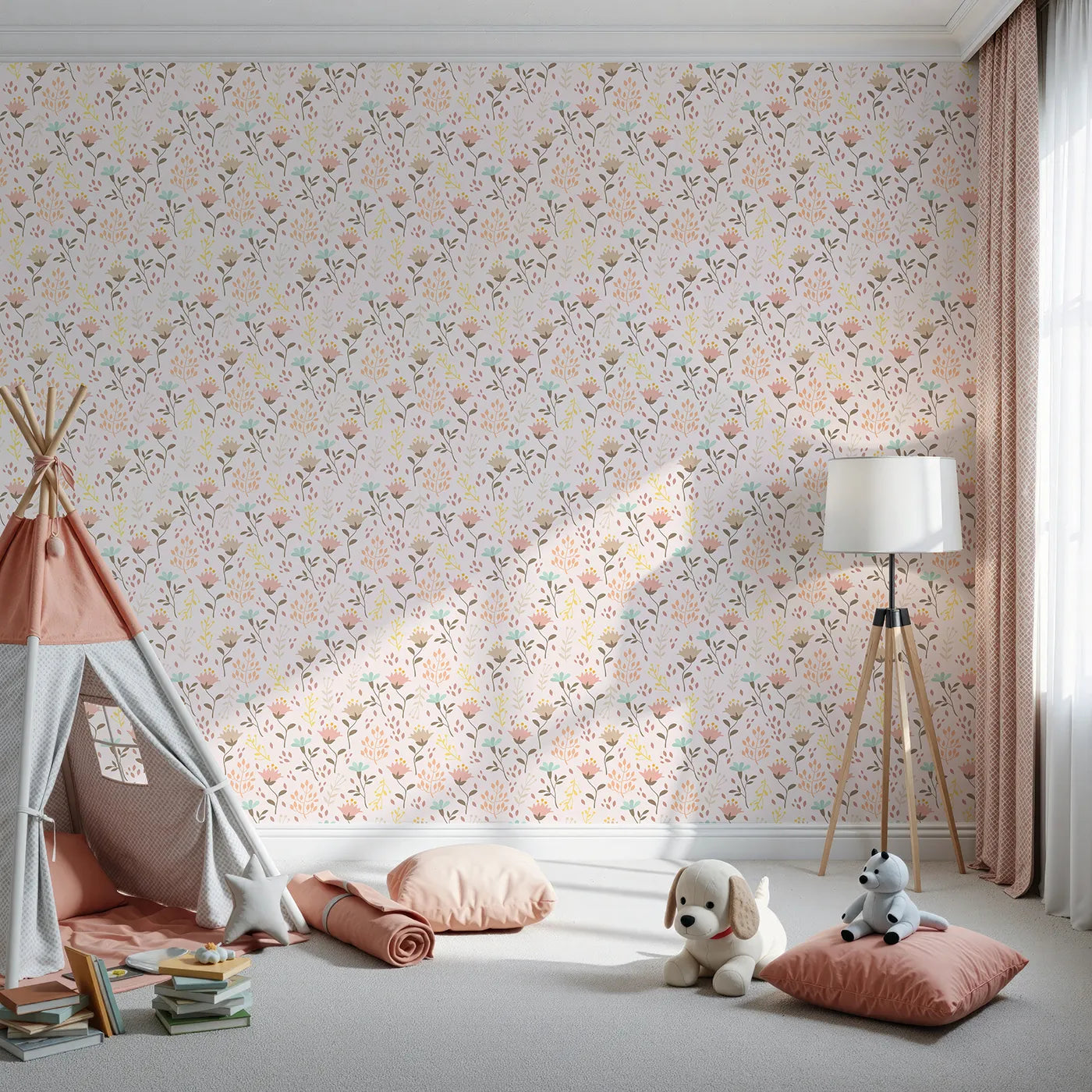 Front view of Whimsy Tots' Blooming Meadow Stems Wallpaper in Blush Pink