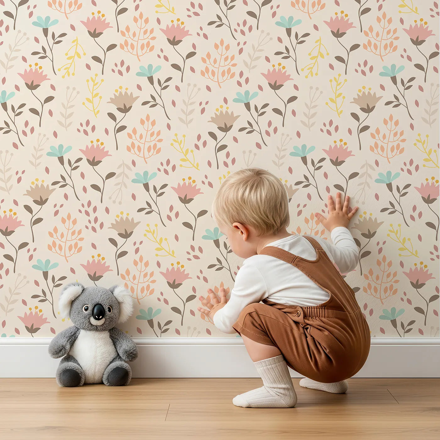 Lovely child standing in front of Whimsy Tots Blooming Meadow Stems Wallpaper in Beige with flower, leaf, wildflower, stem in design.