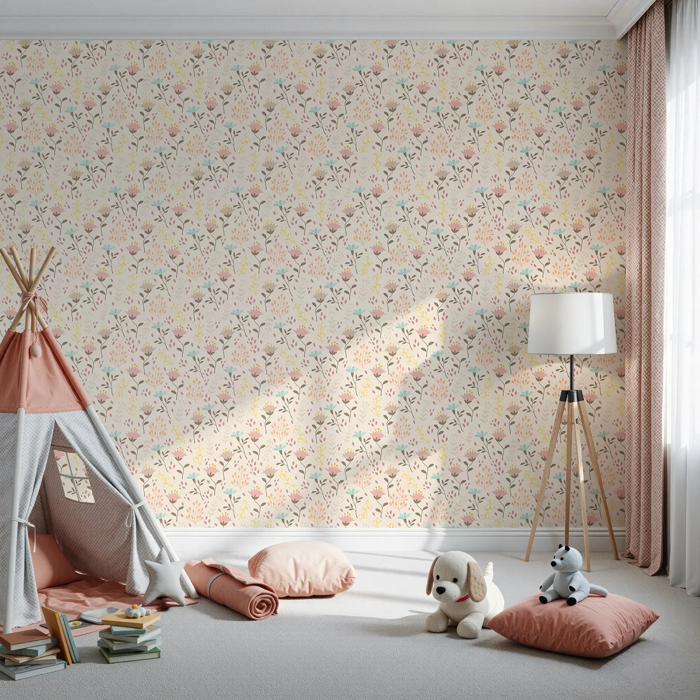 Front view of Whimsy Tots' Blooming Meadow Stems Wallpaper in Beige