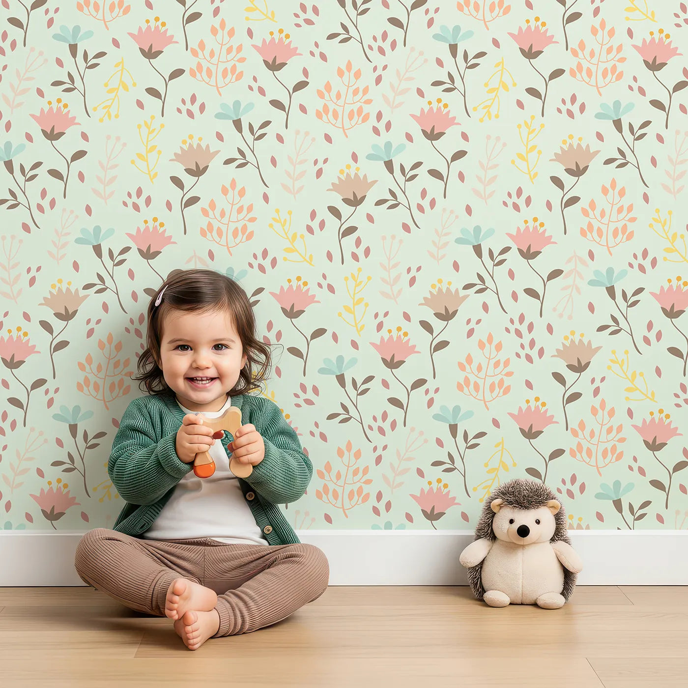 Lovely child standing in front of Whimsy Tots Blooming Meadow Stems Wallpaper in Mint Green with flower, leaf, wildflower, stem in design.