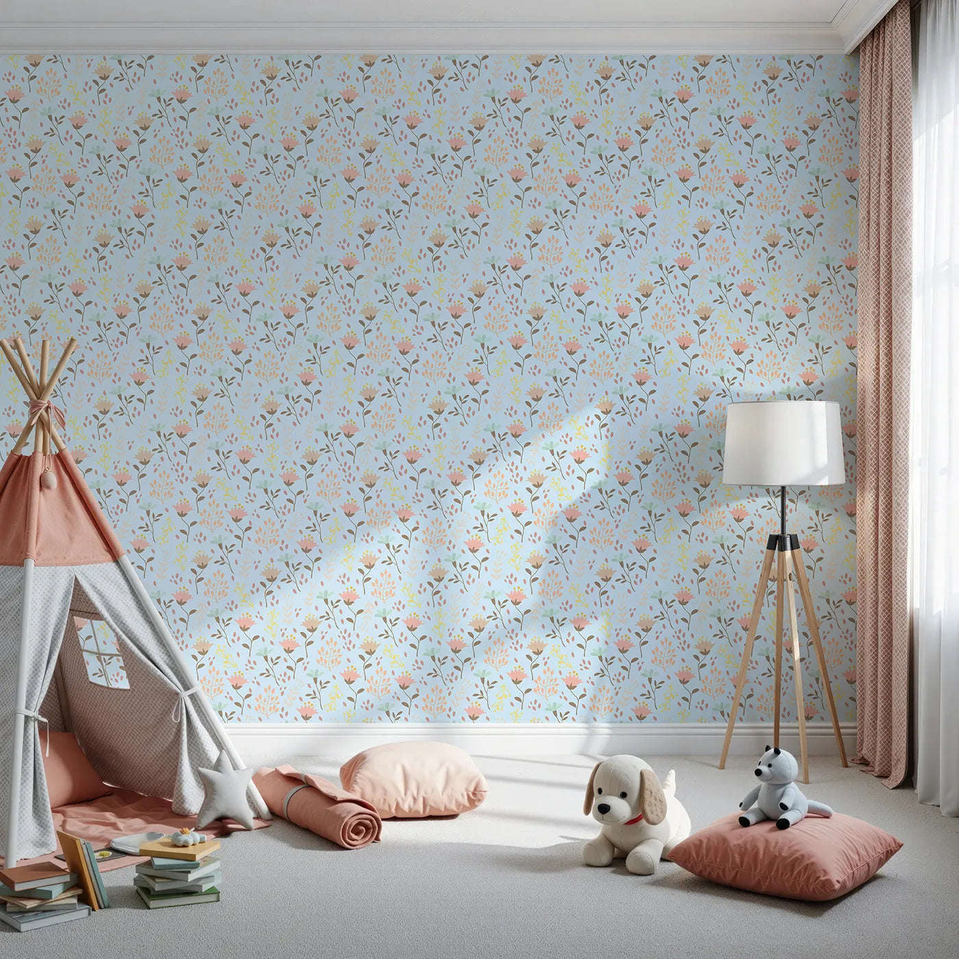 Front view of Whimsy Tots' Blooming Meadow Stems Wallpaper in Blue