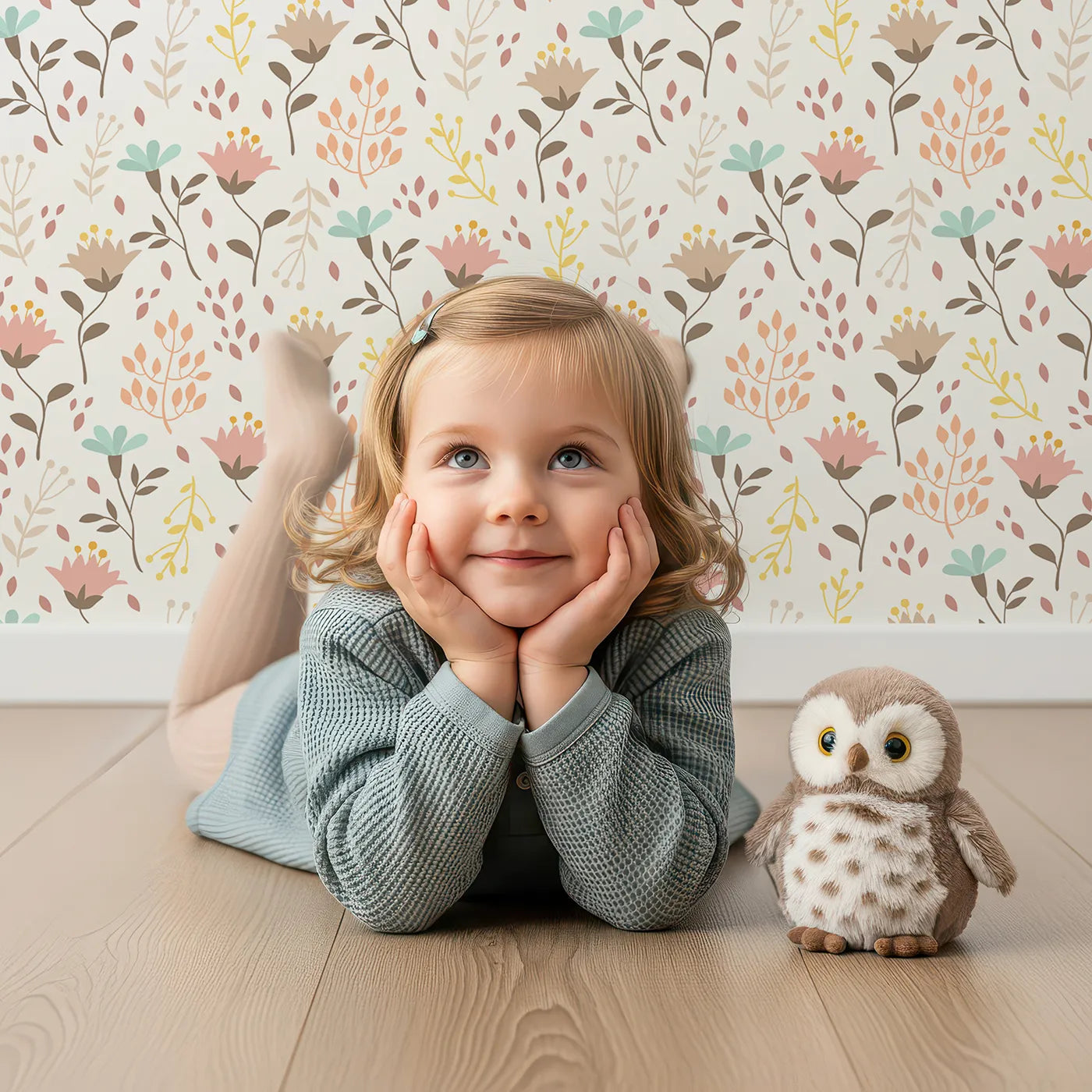 Lovely child standing in front of Whimsy Tots Blooming Meadow Stems Wallpaper in White with flower, leaf, wildflower, stem in design.