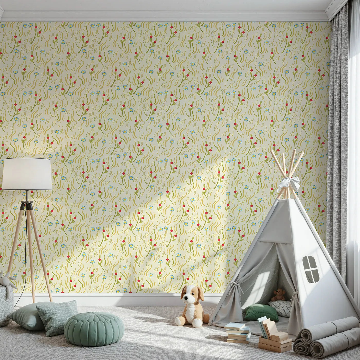 Front view of Whimsy Tots' Breezy Meadow Daisies Wallpaper in Cream