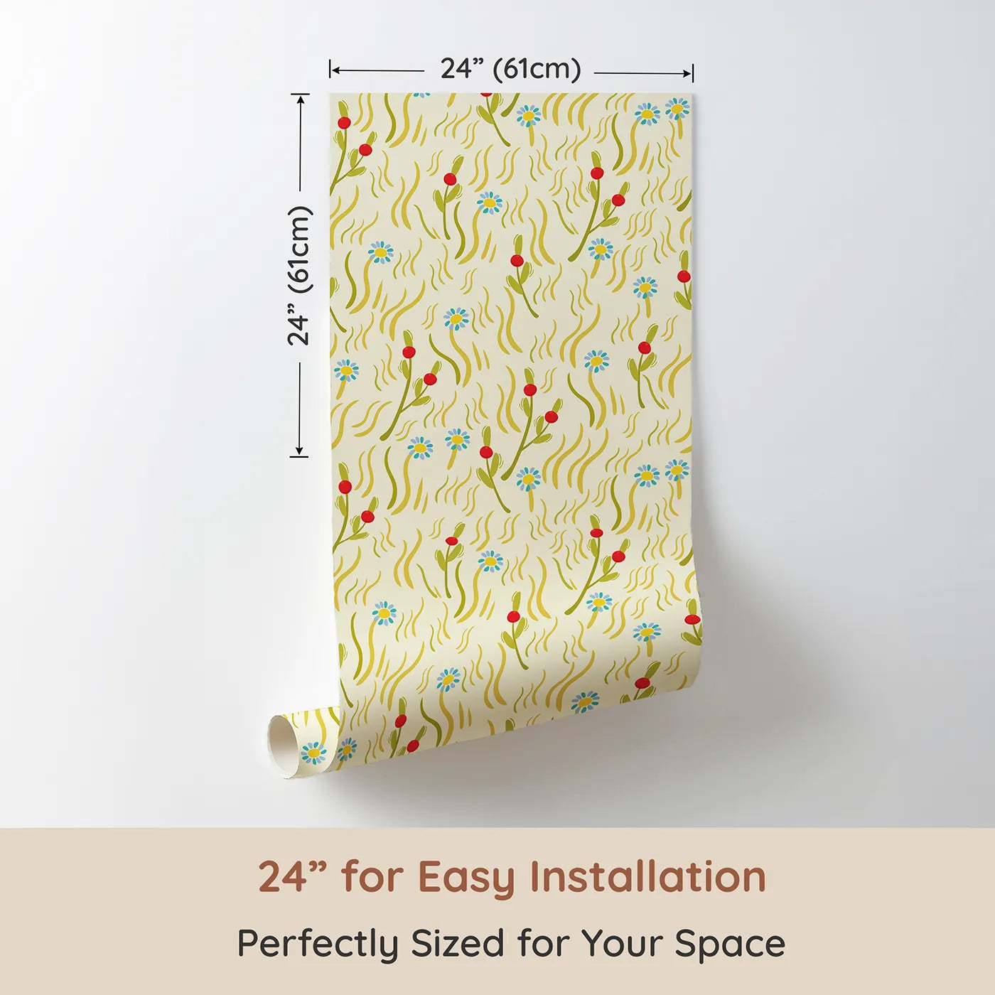 Dimension view of Whimsy Tots Breezy Meadow Daisies Wallpaper in Cream (W3184). Printed in 24-inch-wide panel for easy installation. Wavy grass and joyful daisies dance across a golden breeze.