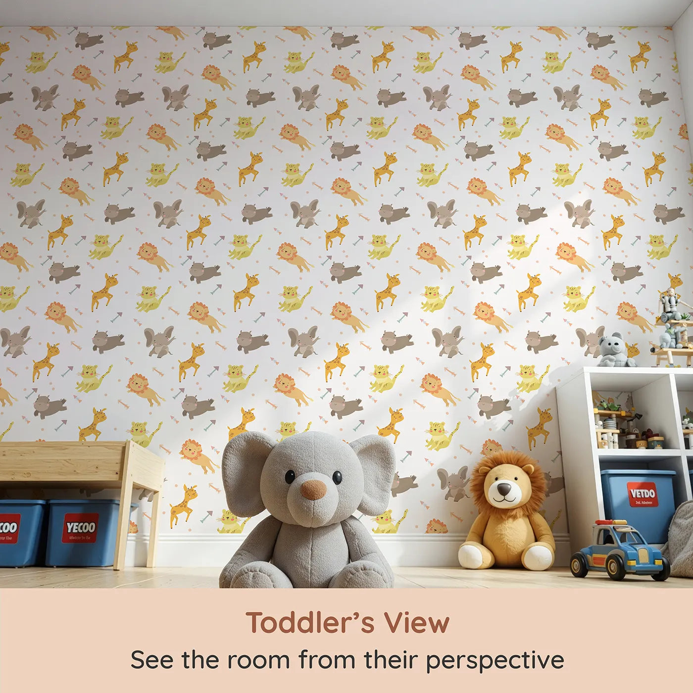 Whimsy Tots Safari Buddies Parade Wallpaper in Cream (W3185A) from your child's view.Playful lions, giraffes, and elephants bring smiles with every step.