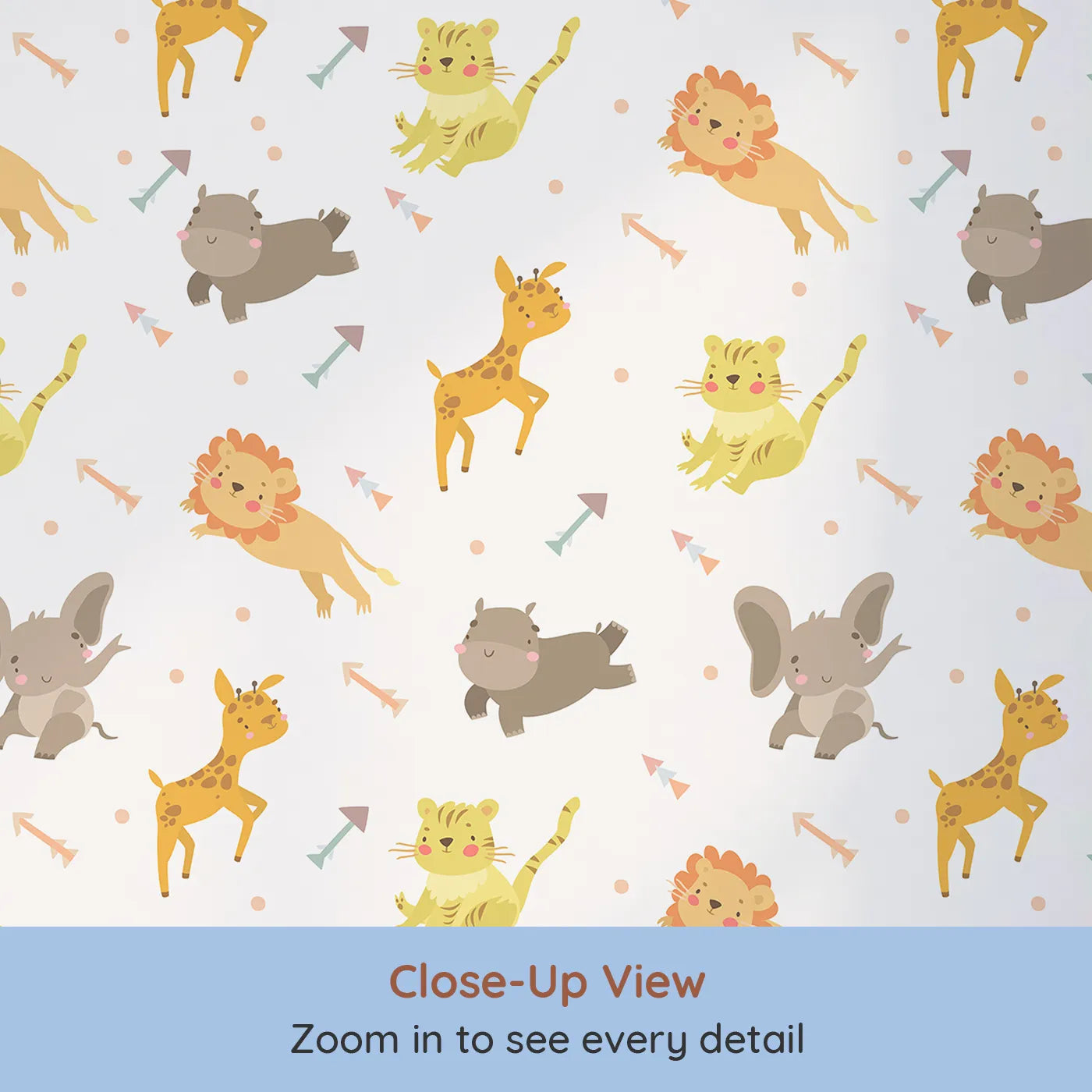 Close-up view of Whimsy Tots' Safari Buddies Parade Wallpaper in Cream (W3185A).Playful lions, giraffes, and elephants bring smiles with every step.