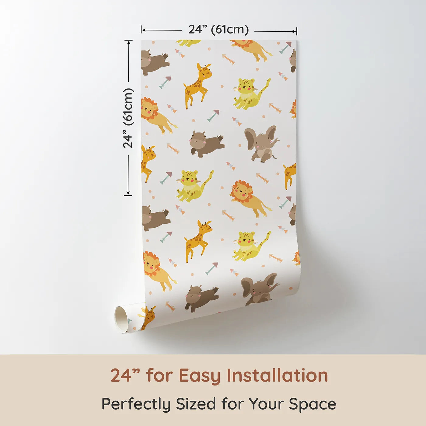 Dimension view of Whimsy Tots Safari Buddies Parade Wallpaper in Cream (W3185A). Printed in 24-inch-wide panel for easy installation. Playful lions, giraffes, and elephants bring smiles with every step.