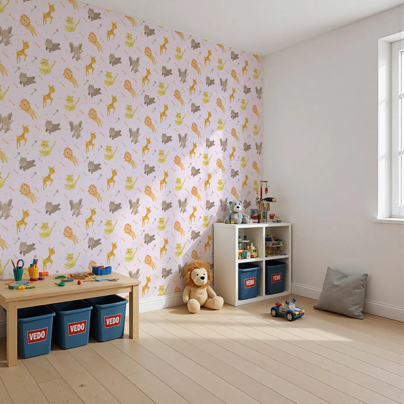 Angled view of Whimsy Tots' Safari Buddies Parade Wallpaper in Pink (W3185B).Playful lions, giraffes, and elephants bring smiles with every step.