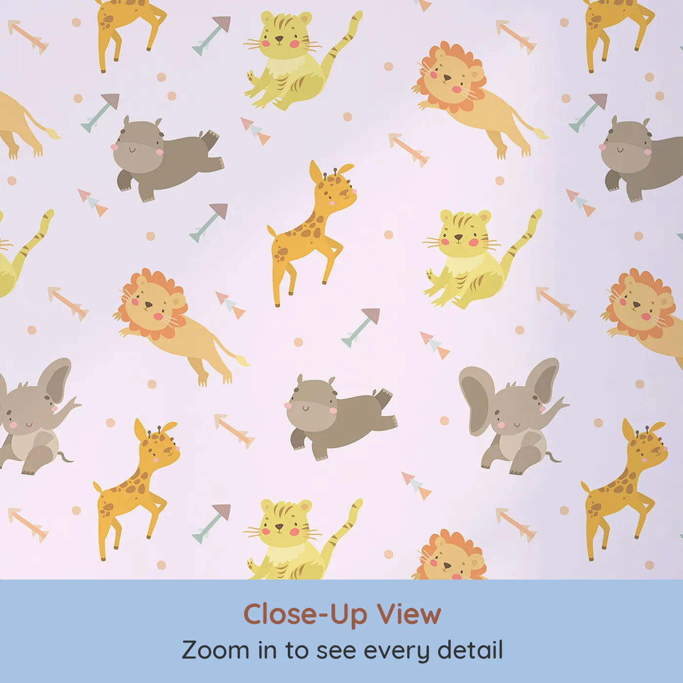 Close-up view of Whimsy Tots' Safari Buddies Parade Wallpaper in Pink (W3185B).Playful lions, giraffes, and elephants bring smiles with every step.
