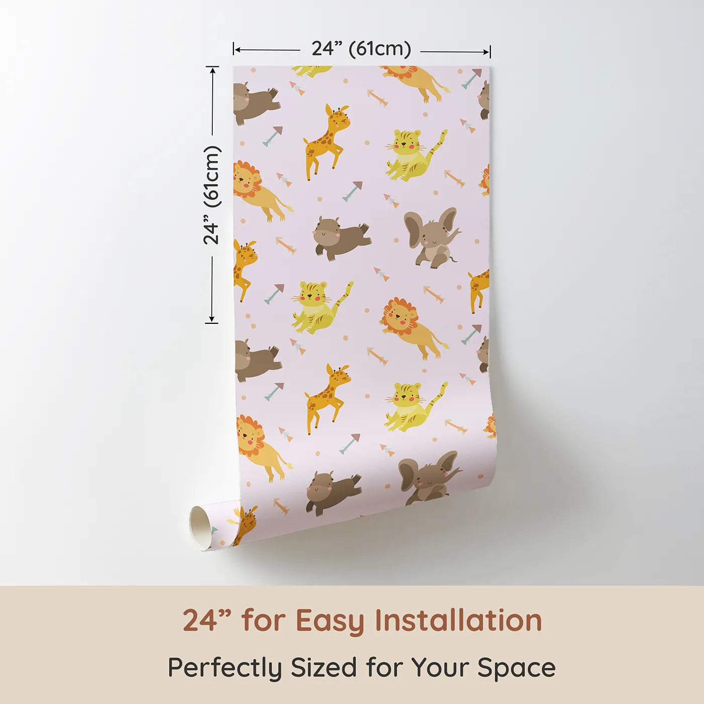 Dimension view of Whimsy Tots Safari Buddies Parade Wallpaper in Pink (W3185B). Printed in 24-inch-wide panel for easy installation. Playful lions, giraffes, and elephants bring smiles with every step.