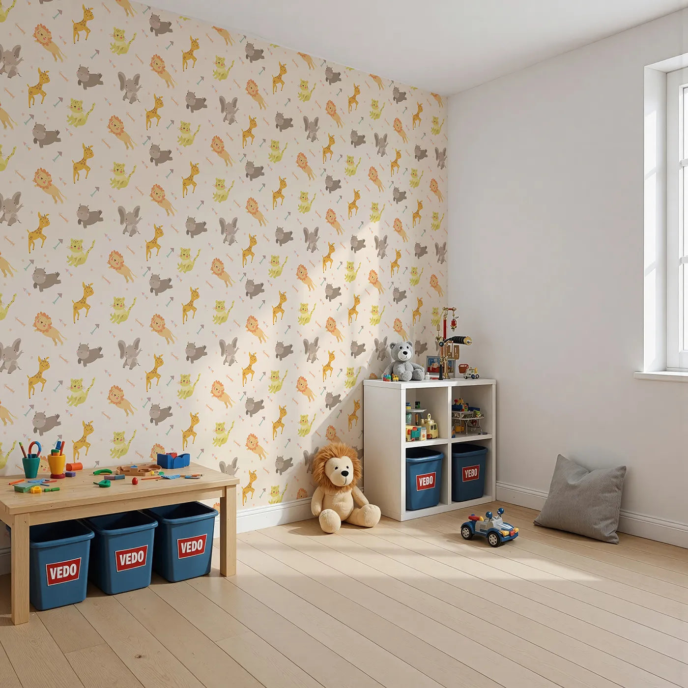 Angled view of Whimsy Tots' Safari Buddies Parade Wallpaper in Blush Pink (W3185C).Playful lions, giraffes, and elephants bring smiles with every step.