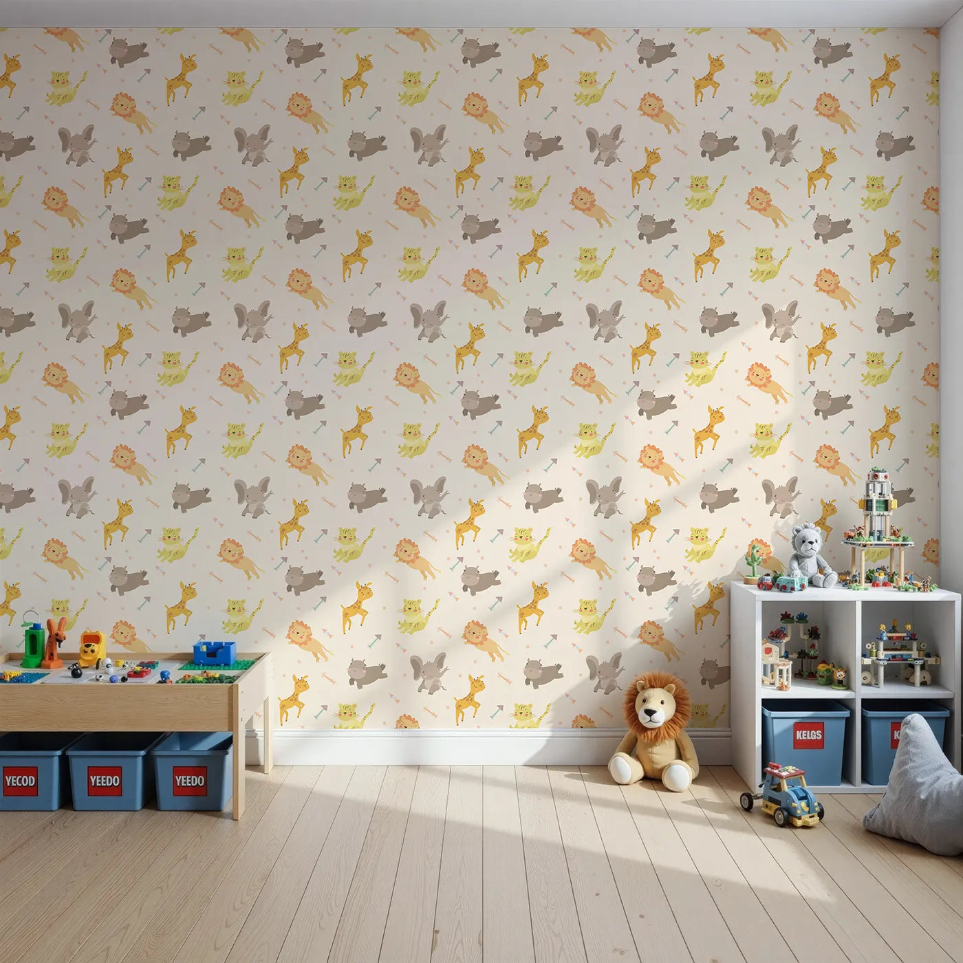 Front view of Whimsy Tots' Safari Buddies Parade Wallpaper in Blush Pink