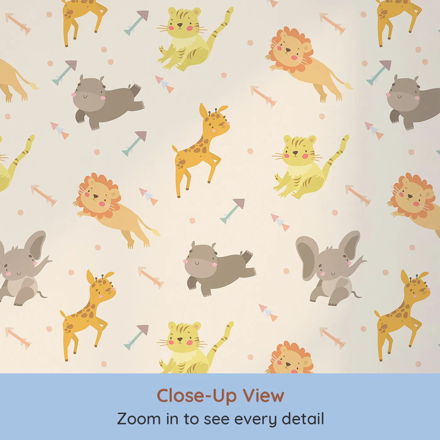 Close-up view of Whimsy Tots' Safari Buddies Parade Wallpaper in Blush Pink (W3185C).Playful lions, giraffes, and elephants bring smiles with every step.