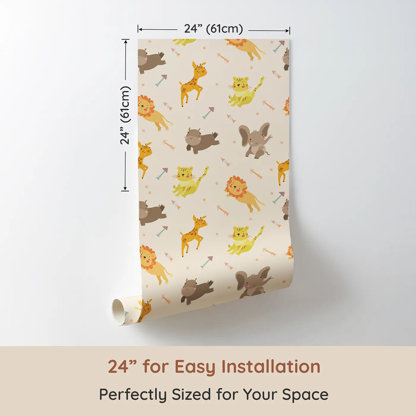 Dimension view of Whimsy Tots Safari Buddies Parade Wallpaper in Blush Pink (W3185C). Printed in 24-inch-wide panel for easy installation. Playful lions, giraffes, and elephants bring smiles with every step.