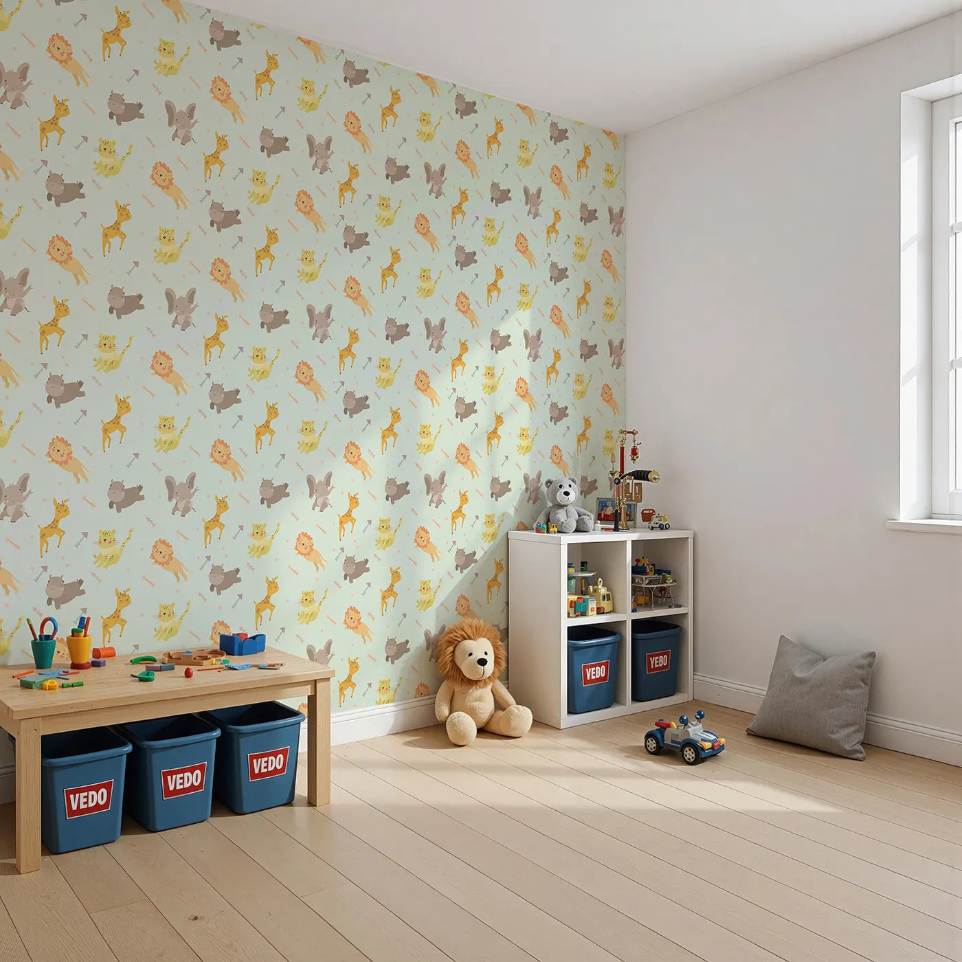 Angled view of Whimsy Tots' Safari Buddies Parade Wallpaper in Mint Green (W3185D).Playful lions, giraffes, and elephants bring smiles with every step.