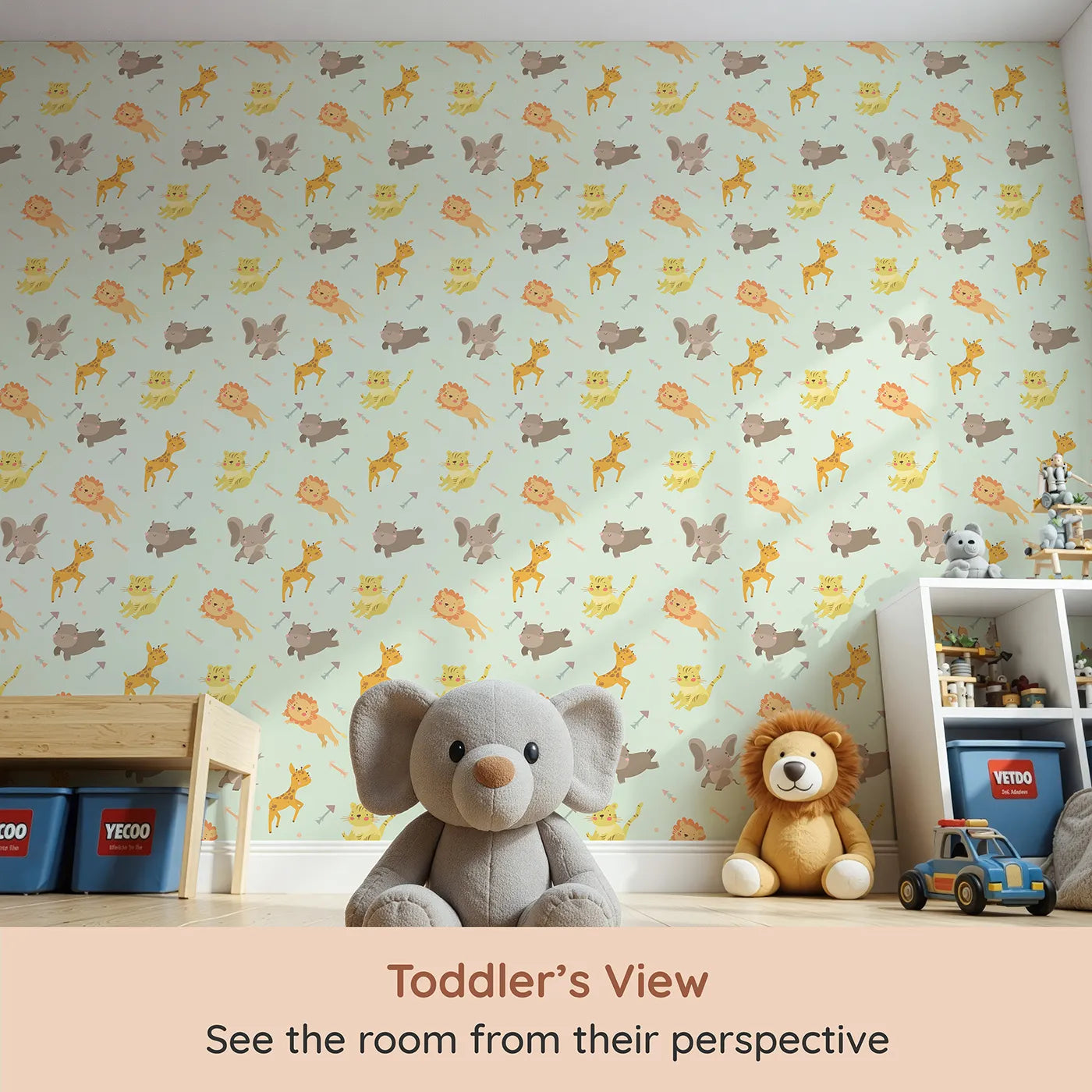 Whimsy Tots Safari Buddies Parade Wallpaper in Mint Green (W3185D) from your child's view.Playful lions, giraffes, and elephants bring smiles with every step.
