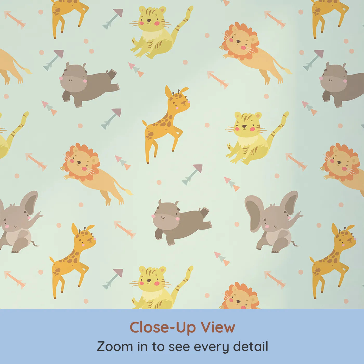 Close-up view of Whimsy Tots' Safari Buddies Parade Wallpaper in Mint Green (W3185D).Playful lions, giraffes, and elephants bring smiles with every step.