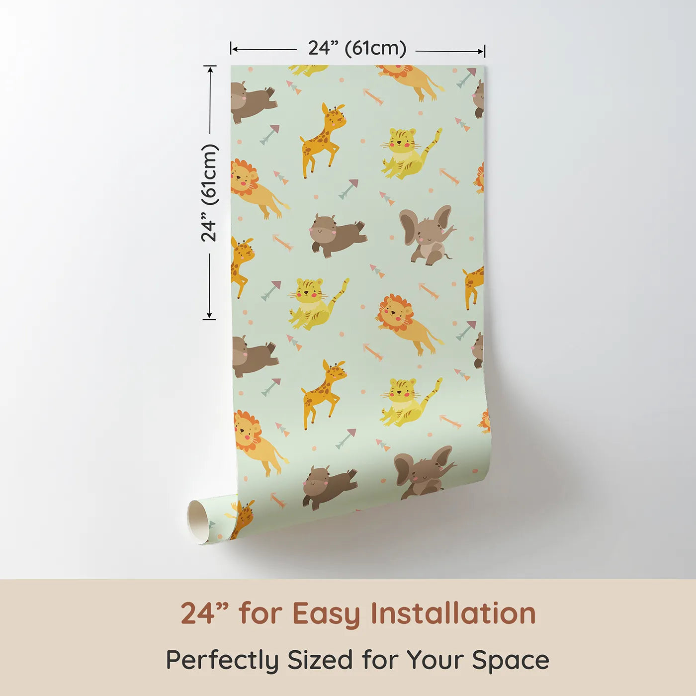 Dimension view of Whimsy Tots Safari Buddies Parade Wallpaper in Mint Green (W3185D). Printed in 24-inch-wide panel for easy installation. Playful lions, giraffes, and elephants bring smiles with every step.
