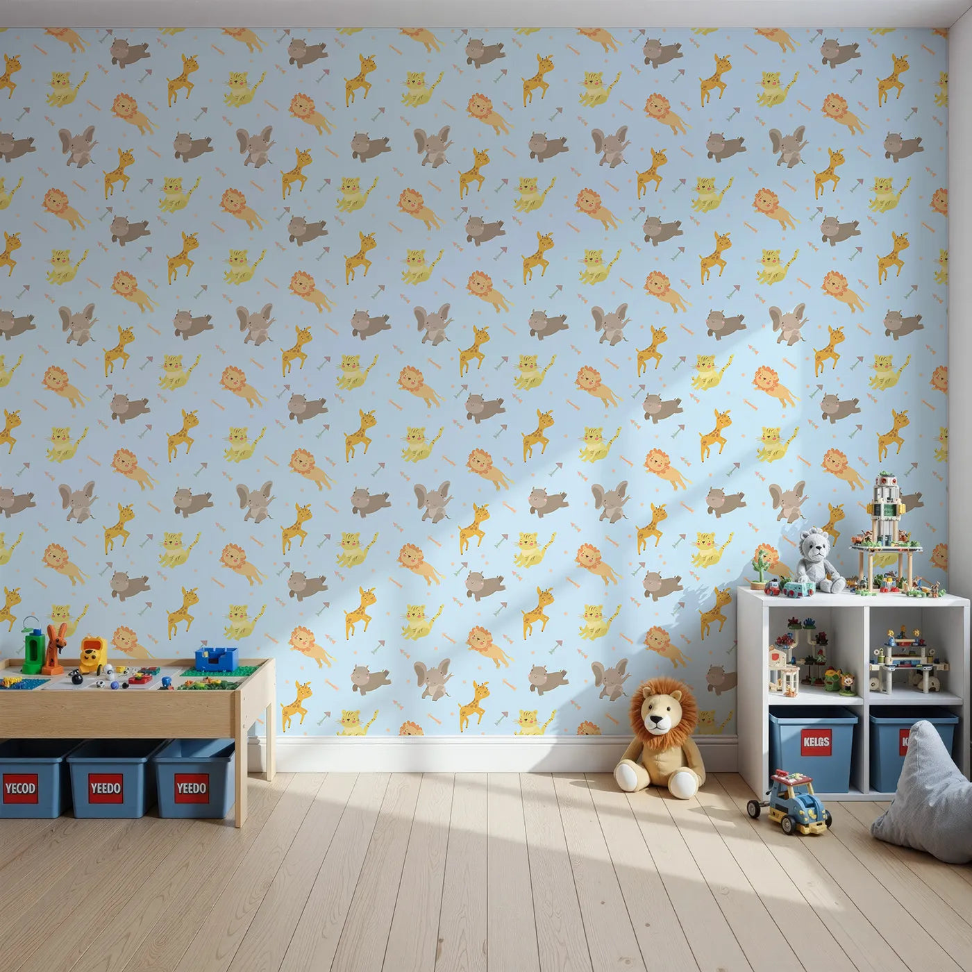 Front view of Whimsy Tots' Safari Buddies Parade Wallpaper in Blue