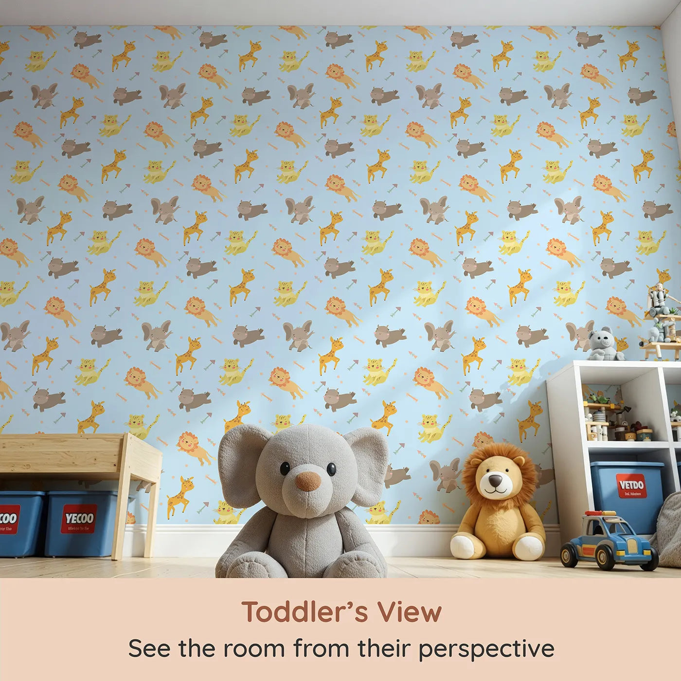 Whimsy Tots Safari Buddies Parade Wallpaper in Blue (W3185E) from your child's view.Playful lions, giraffes, and elephants bring smiles with every step.