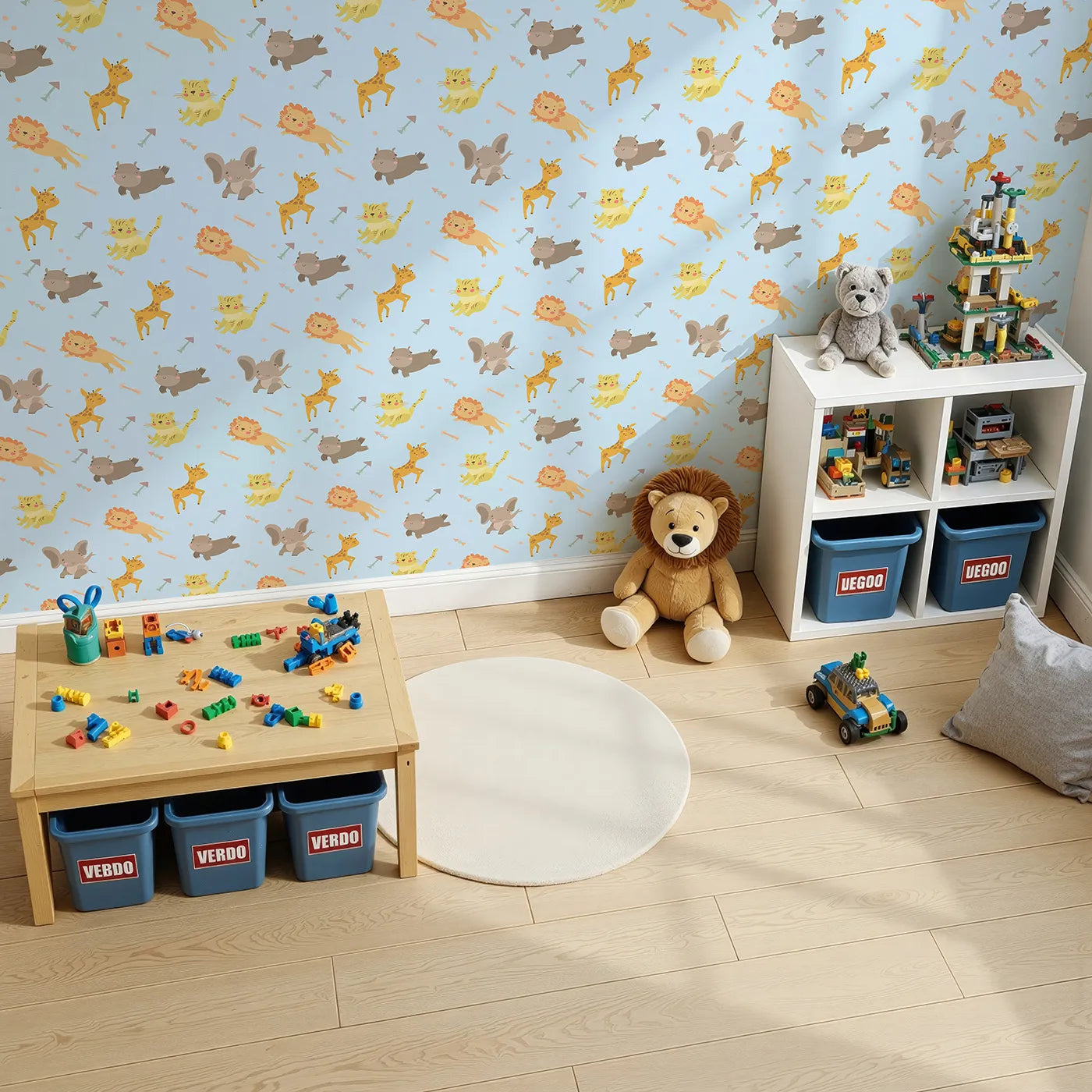 Top-Down view of Whimsy Tots' Safari Buddies Parade Wallpaper in Blue (W3185E).Playful lions, giraffes, and elephants bring smiles with every step.