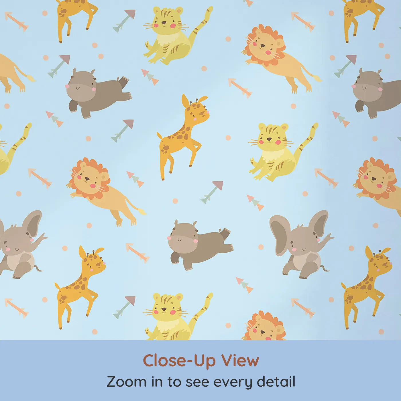 Close-up view of Whimsy Tots' Safari Buddies Parade Wallpaper in Blue (W3185E).Playful lions, giraffes, and elephants bring smiles with every step.