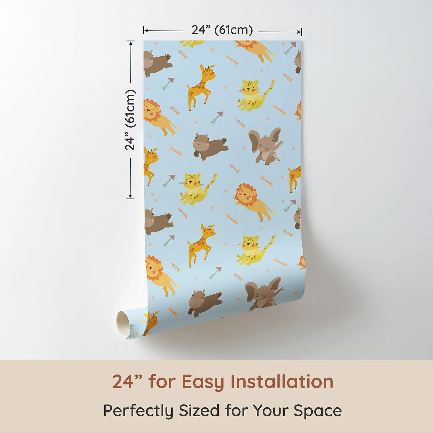 Dimension view of Whimsy Tots Safari Buddies Parade Wallpaper in Blue (W3185E). Printed in 24-inch-wide panel for easy installation. Playful lions, giraffes, and elephants bring smiles with every step.