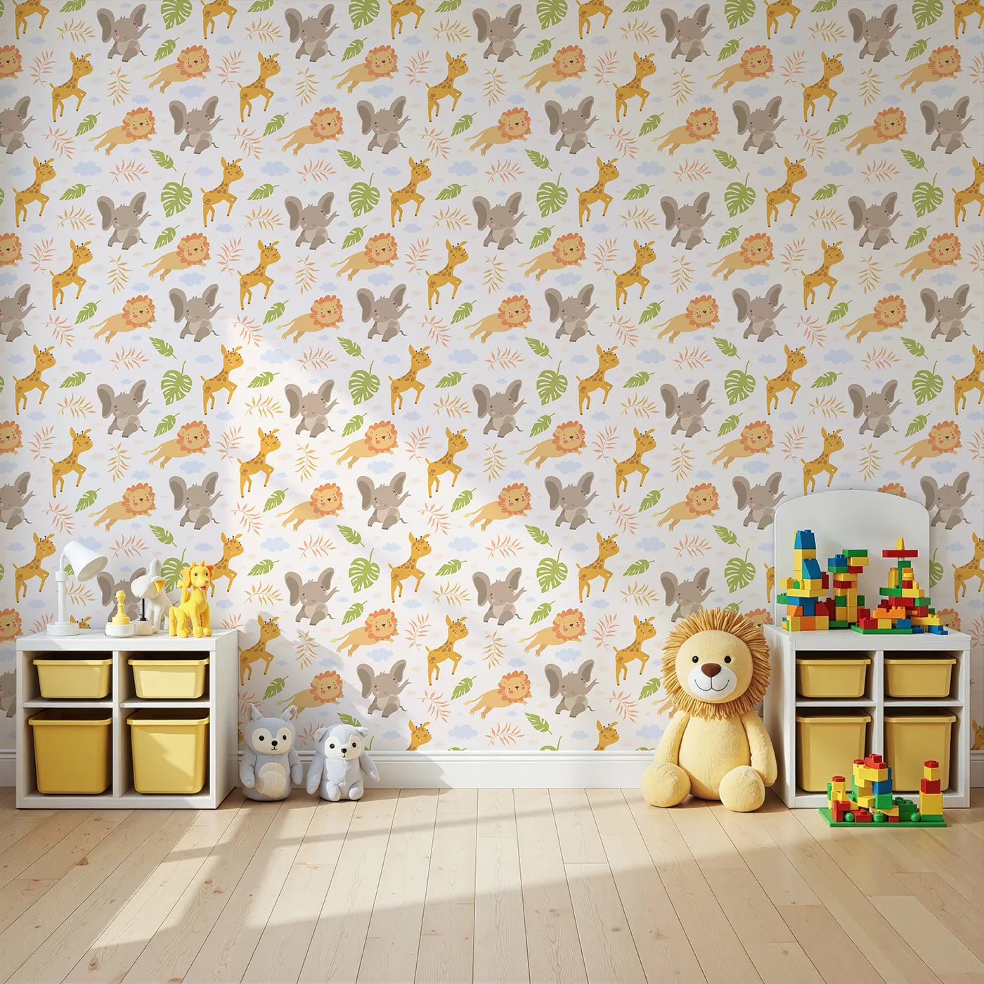 Angled view of Whimsy Tots' Jungle Leaf Pals Wallpaper in Cream (W3186A).Cuddly lions, elephants, and giraffes play beneath leafy skies.