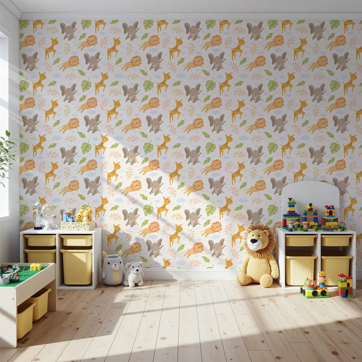 Front view of Whimsy Tots' Jungle Leaf Pals Wallpaper in Cream