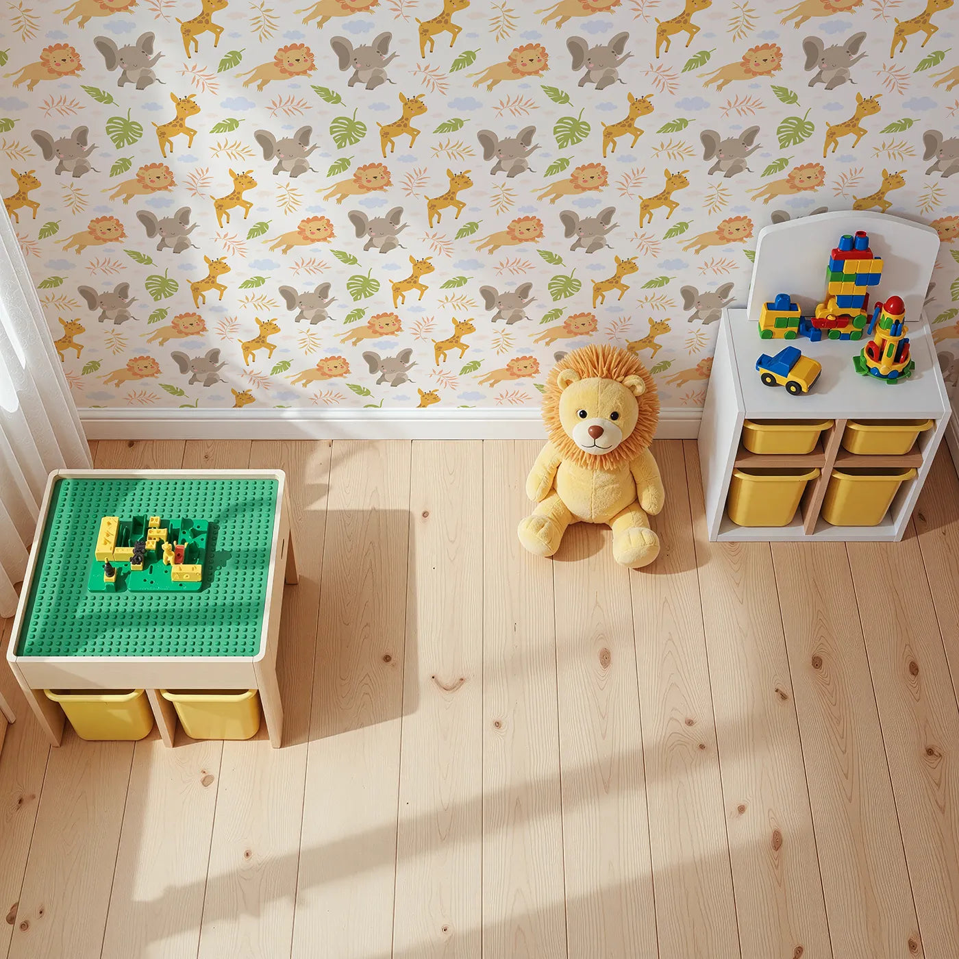 Top-Down view of Whimsy Tots' Jungle Leaf Pals Wallpaper in Cream (W3186A).Cuddly lions, elephants, and giraffes play beneath leafy skies.