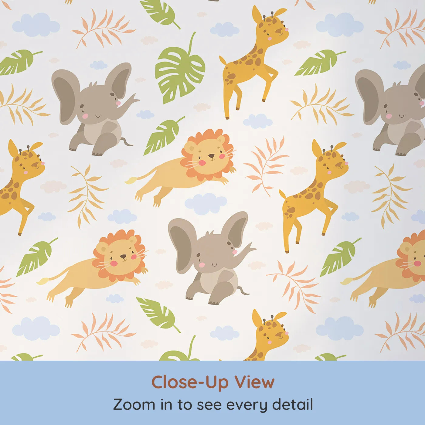 Close-up view of Whimsy Tots' Jungle Leaf Pals Wallpaper in Cream (W3186A).Cuddly lions, elephants, and giraffes play beneath leafy skies.