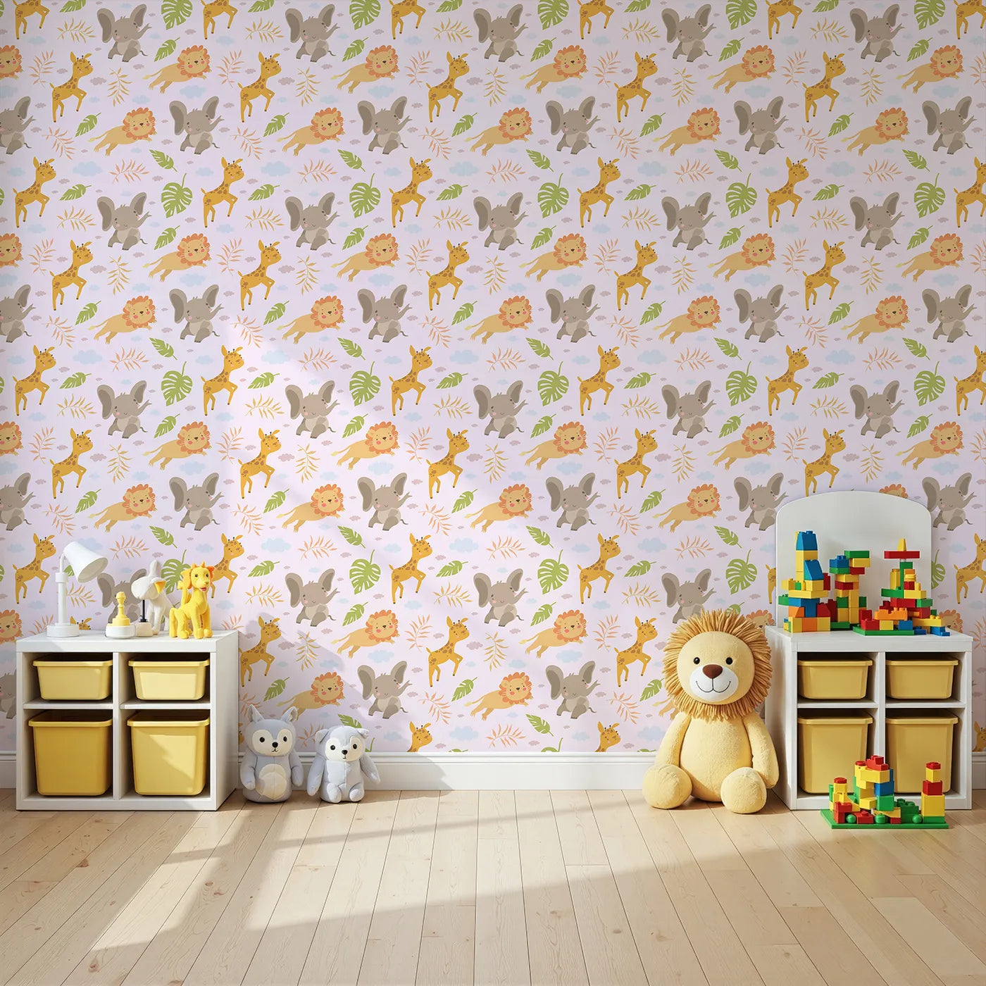 Angled view of Whimsy Tots' Jungle Leaf Pals Wallpaper in Blush Pink (W3186B).Cuddly lions, elephants, and giraffes play beneath leafy skies.
