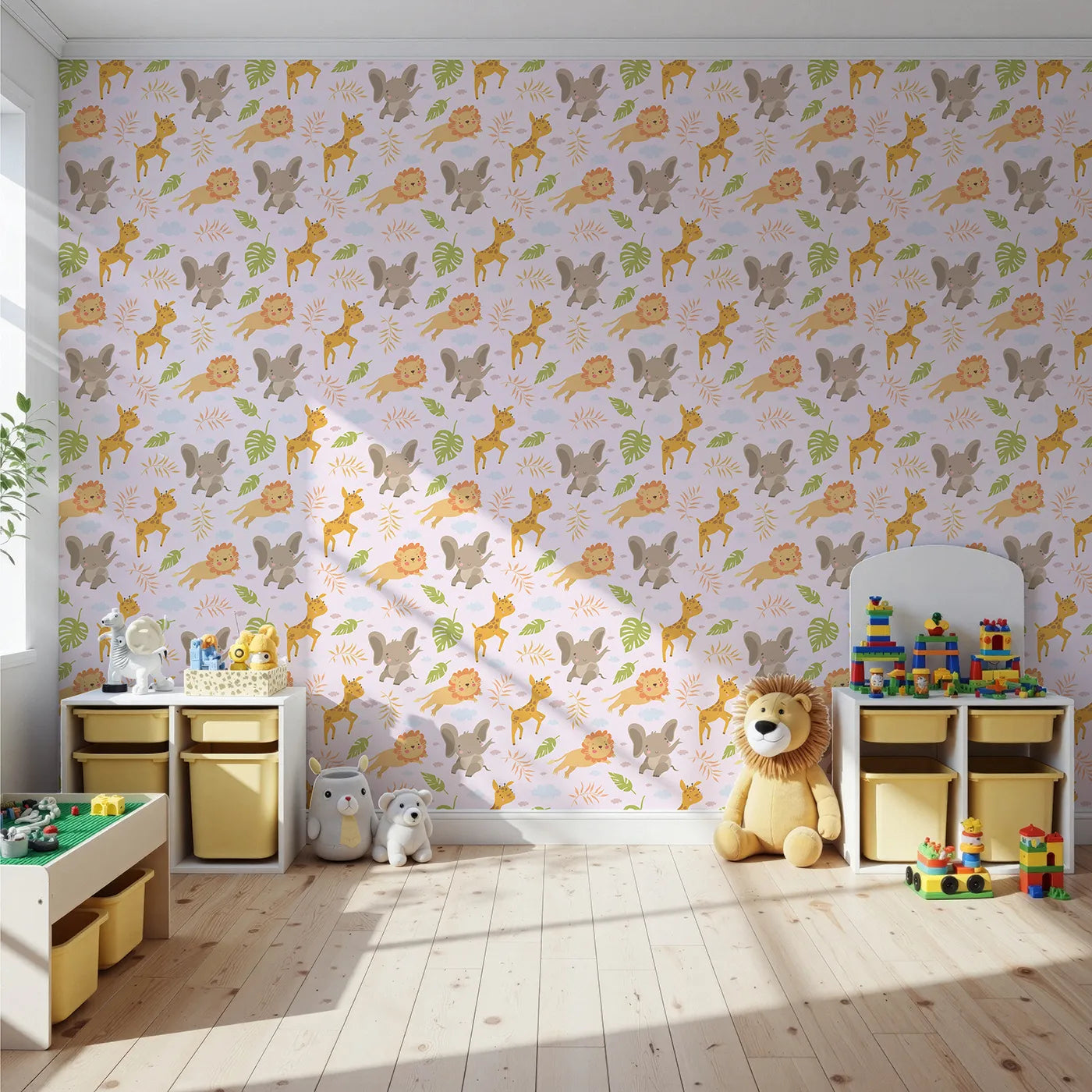 Front view of Whimsy Tots' Jungle Leaf Pals Wallpaper in Blush Pink