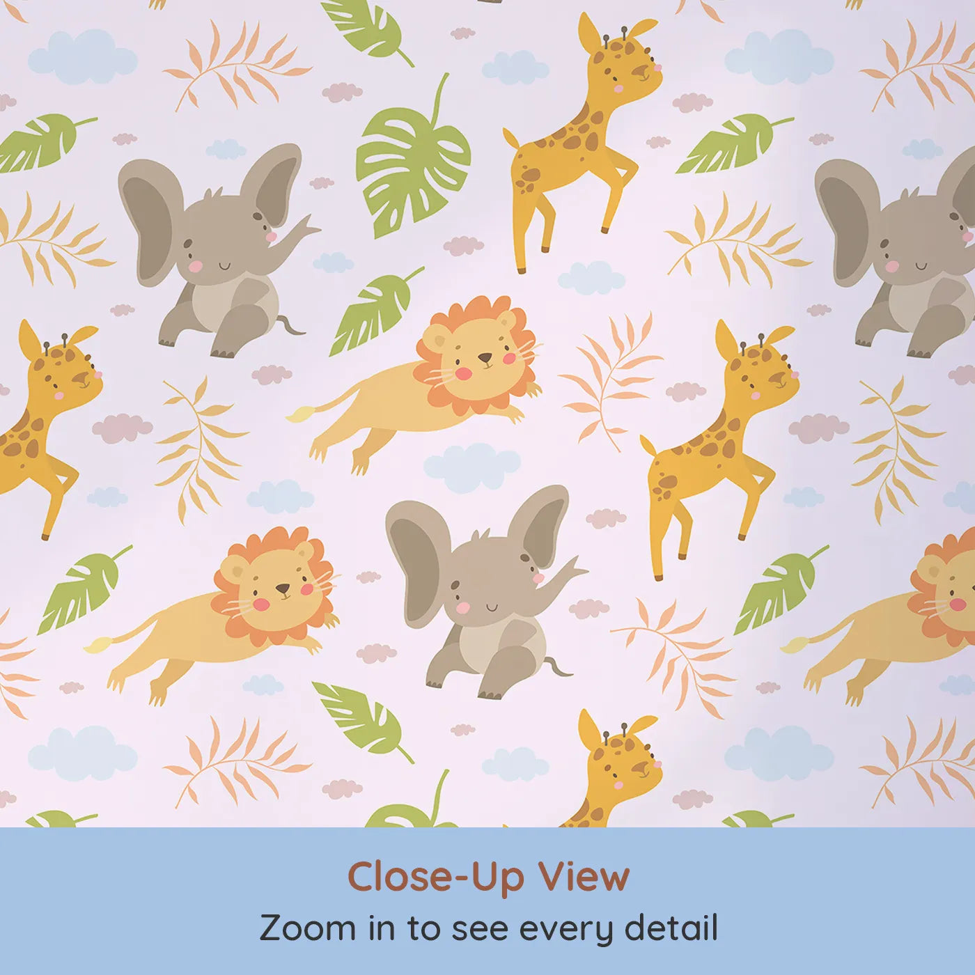 Close-up view of Whimsy Tots' Jungle Leaf Pals Wallpaper in Blush Pink (W3186B).Cuddly lions, elephants, and giraffes play beneath leafy skies.
