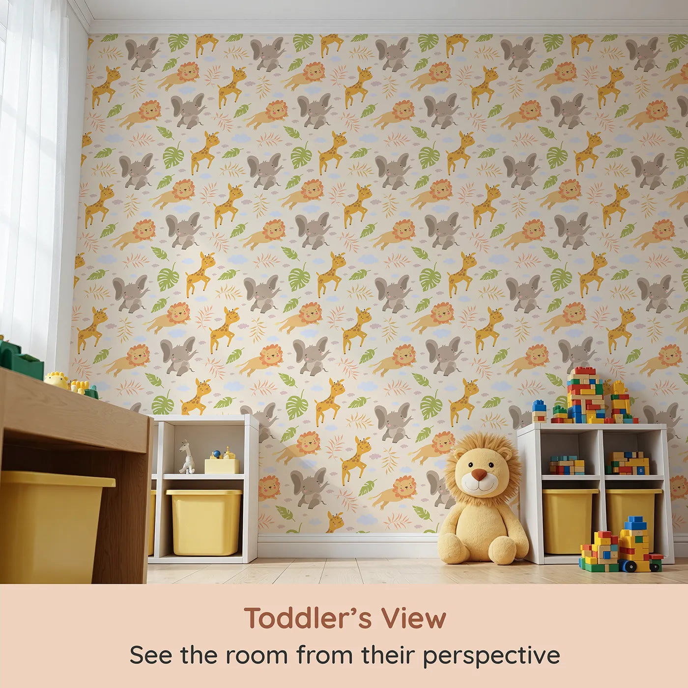 Whimsy Tots Jungle Leaf Pals Wallpaper in Sand (W3186C) from your child's view.Cuddly lions, elephants, and giraffes play beneath leafy skies.