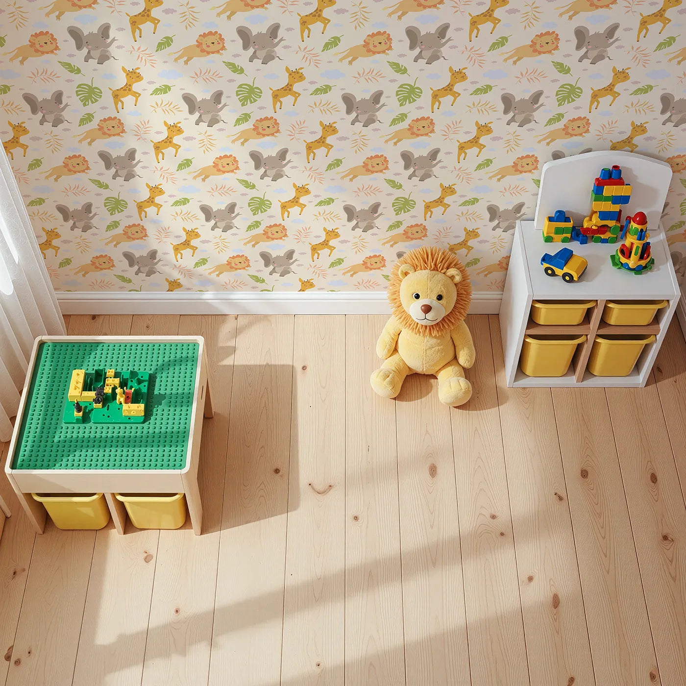 Top-Down view of Whimsy Tots' Jungle Leaf Pals Wallpaper in Sand (W3186C).Cuddly lions, elephants, and giraffes play beneath leafy skies.