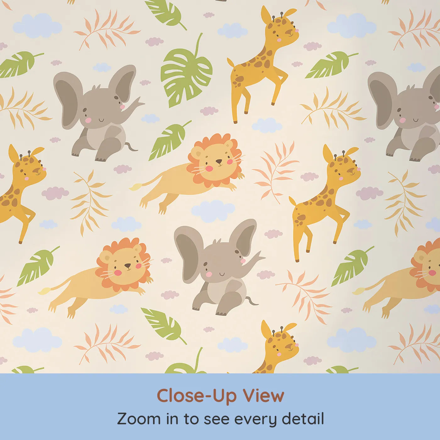 Close-up view of Whimsy Tots' Jungle Leaf Pals Wallpaper in Sand (W3186C).Cuddly lions, elephants, and giraffes play beneath leafy skies.