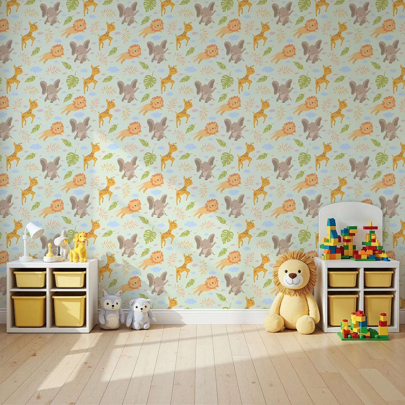 Angled view of Whimsy Tots' Jungle Leaf Pals Wallpaper in Mint Green (W3186D).Cuddly lions, elephants, and giraffes play beneath leafy skies.