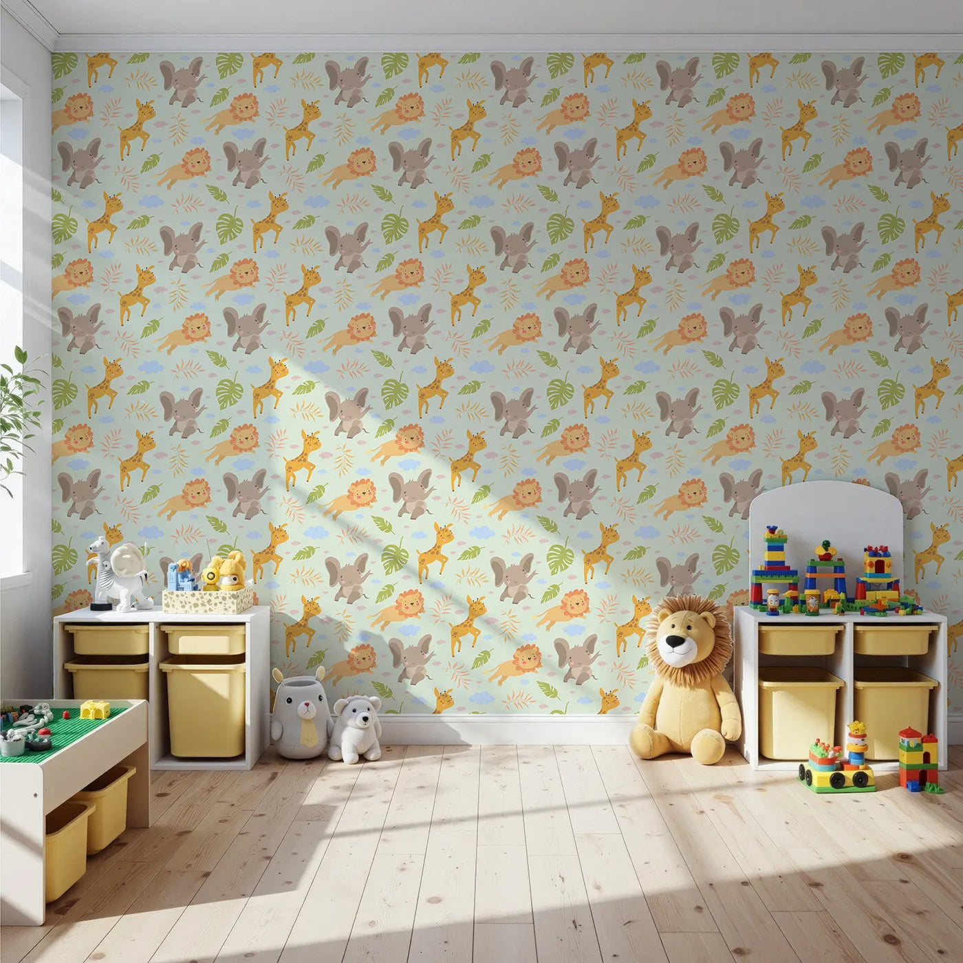 Front view of Whimsy Tots' Jungle Leaf Pals Wallpaper in Mint Green