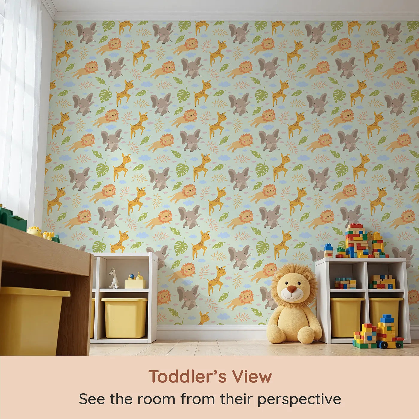 Whimsy Tots Jungle Leaf Pals Wallpaper in Mint Green (W3186D) from your child's view.Cuddly lions, elephants, and giraffes play beneath leafy skies.