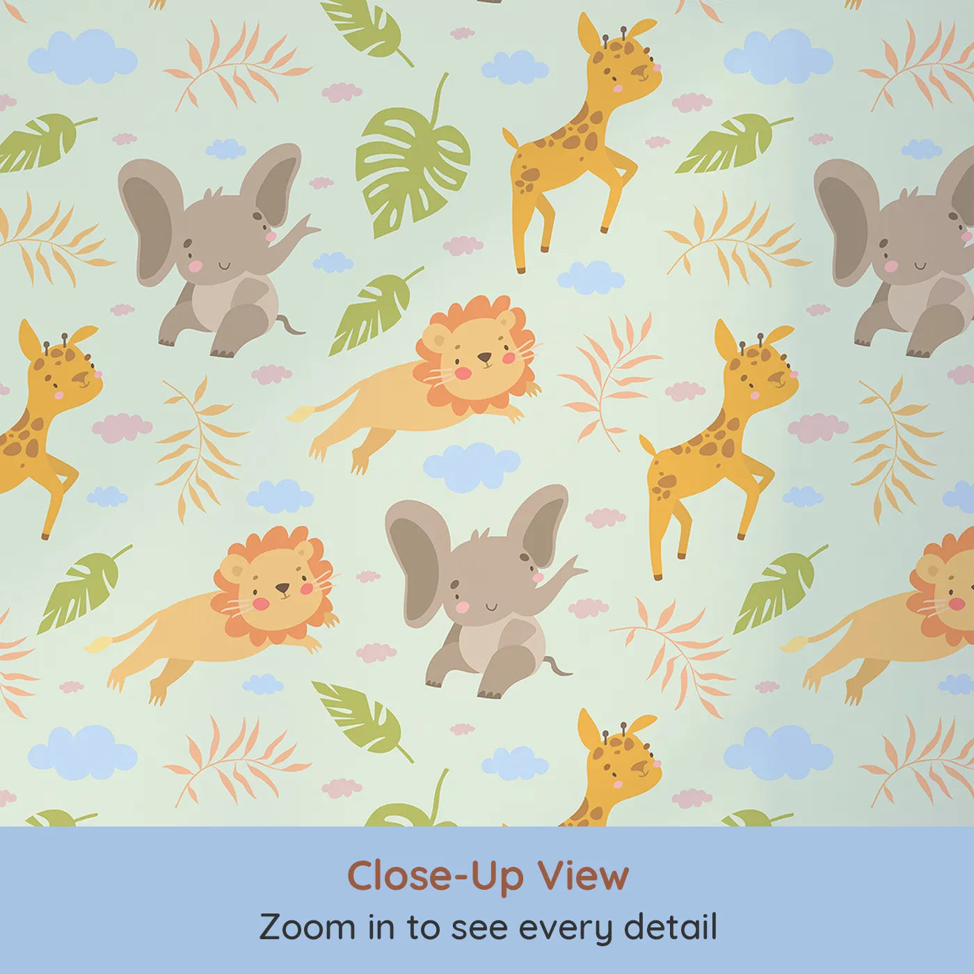 Close-up view of Whimsy Tots' Jungle Leaf Pals Wallpaper in Mint Green (W3186D).Cuddly lions, elephants, and giraffes play beneath leafy skies.